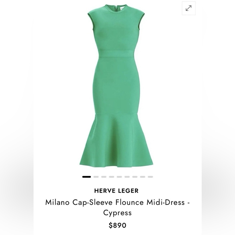 Herve Leger Green Cap-Sleeve Flounce Midi Dress